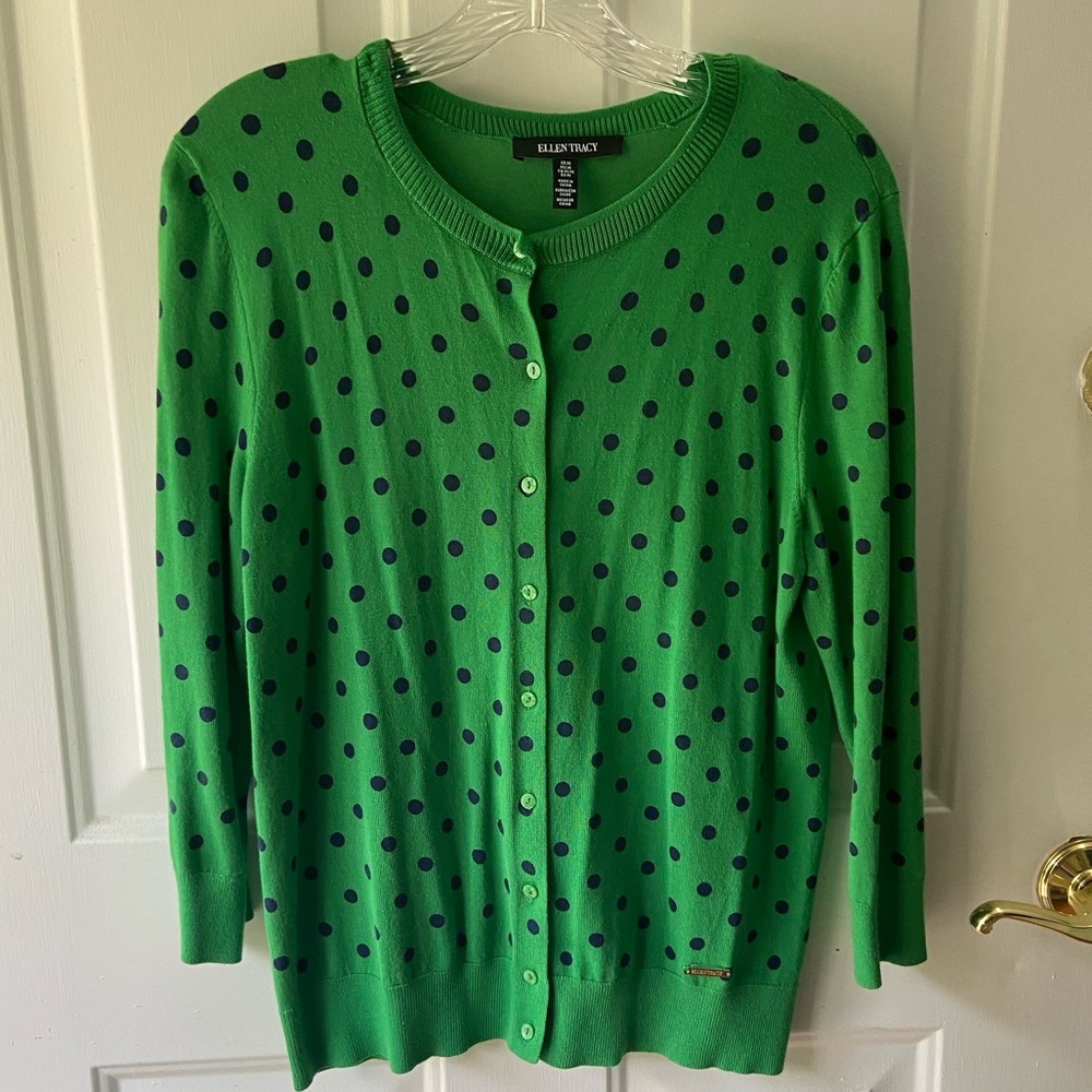 New Green Cardigan w/ Blue Polka Dots